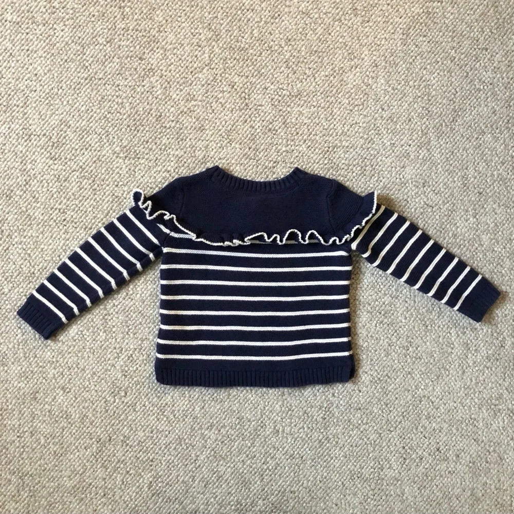 Baby Gap Navy Blue and White Breton Stripe Ruffle Sweater 2T